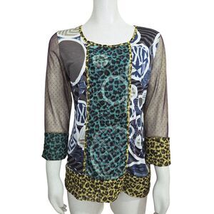 ANAC By Kimi Shirt Top Fall Leaves Y2K Boho Top L Mesh Sheer Sleeve Mixed Media